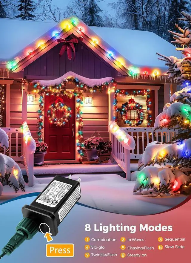 Alt view image 5 of 7 - C9 Christmas Lights Outdoor, 114 Feet 150 LED C9 String Lights with Timer & 8 Light Modes, Waterproof Commercial Grade Connectable Christmas Tree Lights for Indoor Outside Roofline Patio, Multicolor