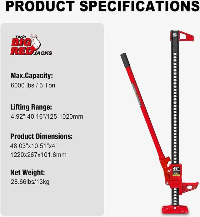 Alt view image 4 of 7 - TR6501B Torin 48" Ratcheting Off Road Utility Farm Jack, 3 Ton (6,000 lb) Capacity, Red