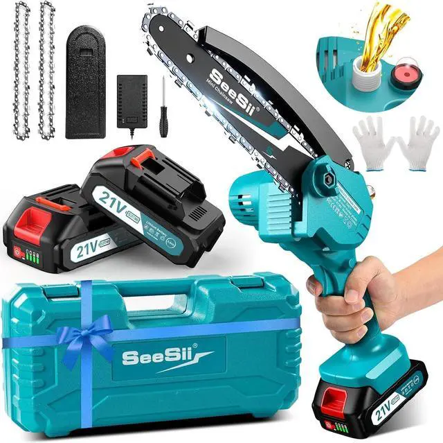 Main image of Mini Chainsaw 6 inch,Cordless Chainsaw w/ 2x2000mAh Batteries,Oiler System & Replacement Chain,Handheld Electric Chain Saw w/Safety Lock,Battery Powered Chainsaw for Wood Tree Cutting, CH600+