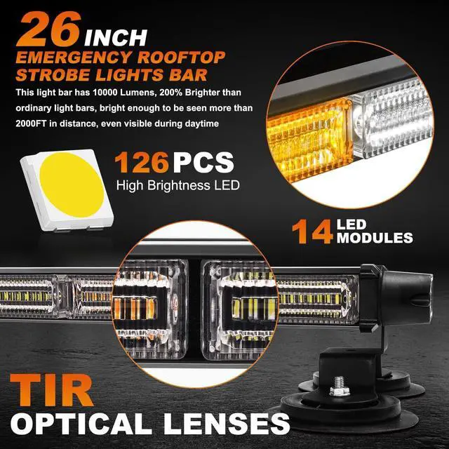 Alt view image 2 of 6 - 26inch 126 LED Emergency Rooftop Strobe Lights Bar w/Controller Double Side Warning Hazard Snow Plow Flashing Light Traffic Advisor Safety Light for Work Trucks Vehicles Tow Pickup(Amber/White)