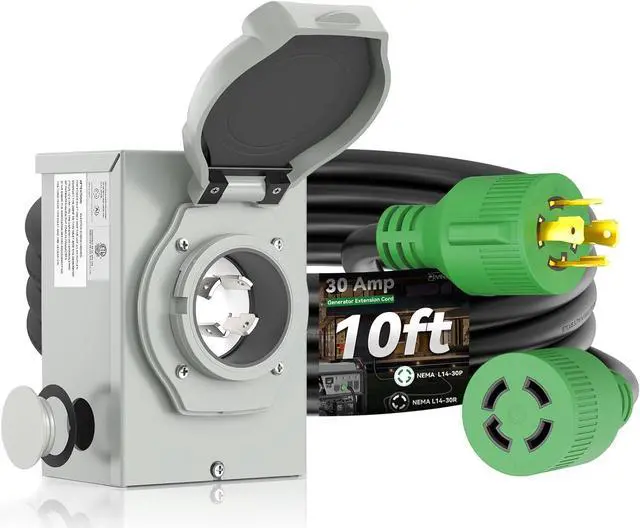 Main image of 30 Amp Generator Cord 10FT and Power Inlet Box, Pre-Drilled 30 Amp Generator Inlet Box with Cord, NEMA L14-30P to L14-30R Generator Cord Waterproof Combo Kit, ETL Listed