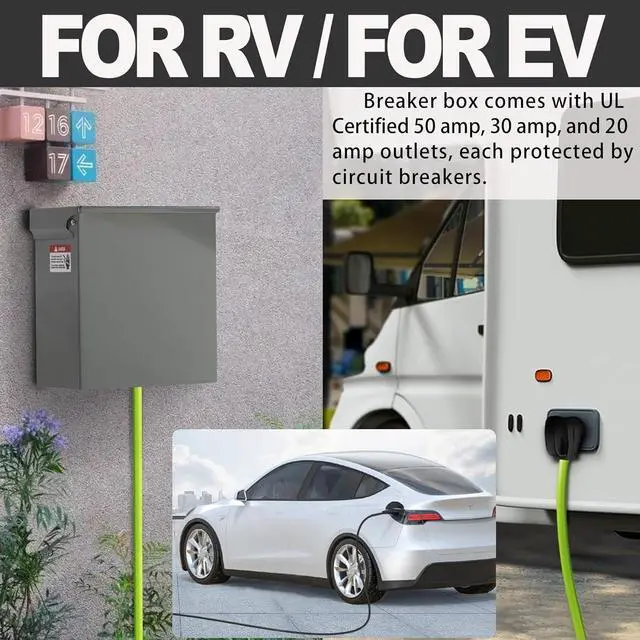 Alt view image 3 of 7 - Power Outlet Panel RV Pedeatal Electrical Breaker Box with 20, 30, and 50 Amp Receptacle Installed, Waterproof Electrical Panel Box for RV Camper Trailer Motorhome, 125/250 Volt