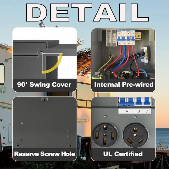 Alt view image 5 of 7 - Power Outlet Panel RV Pedeatal Electrical Breaker Box with 20, 30, and 50 Amp Receptacle Installed, Waterproof Electrical Panel Box for RV Camper Trailer Motorhome, 125/250 Volt