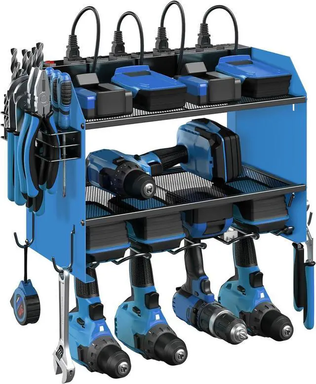 Main image of Power Tool Organizer Wall Mount with Charging Station. Garage 4 Drill Storage Shelf with Hooks, Screwdriver, Drill Bit Heavy Duty Rack, Tool Battery Holder Built in 8 Outlet Power Strip.