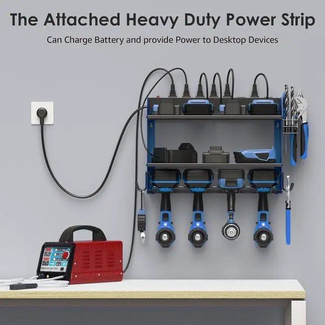 Alt view image 3 of 7 - Power Tool Organizer Wall Mount with Charging Station. Garage 4 Drill Storage Shelf with Hooks, Screwdriver, Drill Bit Heavy Duty Rack, Tool Battery Holder Built in 8 Outlet Power Strip.