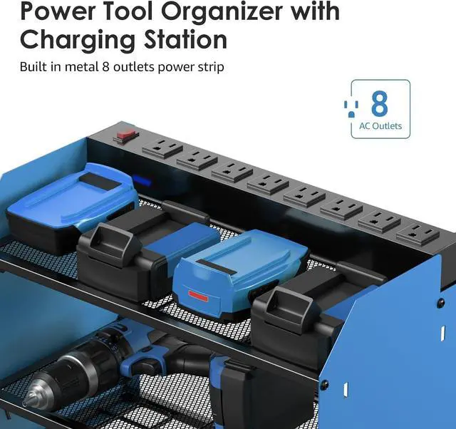Alt view image 2 of 7 - Power Tool Organizer Wall Mount with Charging Station. Garage 4 Drill Storage Shelf with Hooks, Screwdriver, Drill Bit Heavy Duty Rack, Tool Battery Holder Built in 8 Outlet Power Strip.
