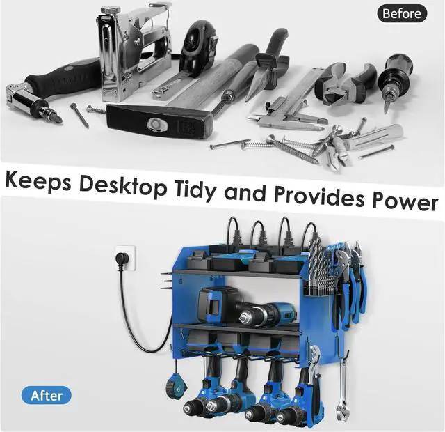 Alt view image 4 of 7 - Power Tool Organizer Wall Mount with Charging Station. Garage 4 Drill Storage Shelf with Hooks, Screwdriver, Drill Bit Heavy Duty Rack, Tool Battery Holder Built in 8 Outlet Power Strip.