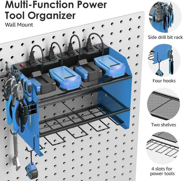 Alt view image 5 of 7 - Power Tool Organizer Wall Mount with Charging Station. Garage 4 Drill Storage Shelf with Hooks, Screwdriver, Drill Bit Heavy Duty Rack, Tool Battery Holder Built in 8 Outlet Power Strip.