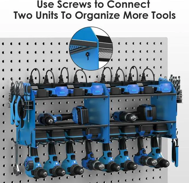 Alt view image 6 of 7 - Power Tool Organizer Wall Mount with Charging Station. Garage 4 Drill Storage Shelf with Hooks, Screwdriver, Drill Bit Heavy Duty Rack, Tool Battery Holder Built in 8 Outlet Power Strip.