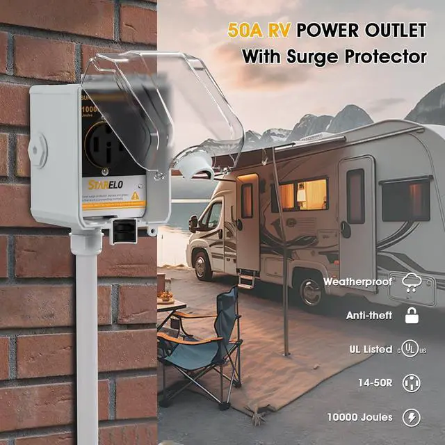 Alt view image 4 of 7 - 50Amp RV Power Outlet Box with Surge Protector Waterproof10000 Joules,NEMA 14-50R Receptacle 125/250Volt,with Surge Protection for RV Campers and Van Trailers,UL Listed.(NEMA 14-50R Box)