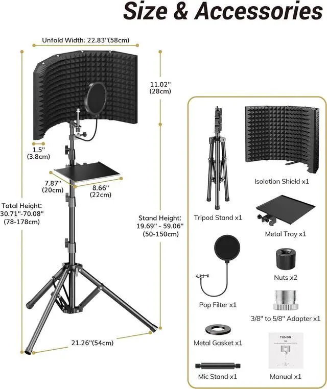 Alt view image 3 of 7 - Isolation Shield Pack for Mic, High Density Absorbent Foam Shield with Pop Filter & Tripod Stand, Foldable Design, Suitable for Blue Yeti, AT2020, Recording, Podcasts, Singing, Broadcasting