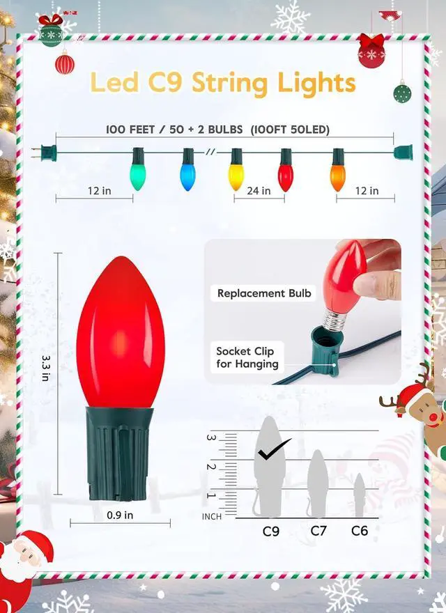 Alt view image 3 of 7 - C9 LED Christmas Lights Outdoor, 100 Feet C9 String Lights with 50 Shatterproof C9 Bulbs, Waterproof Connectable Christmas Tree Lights for Outside Roofline Patio Xmas Decorations, Multicolor