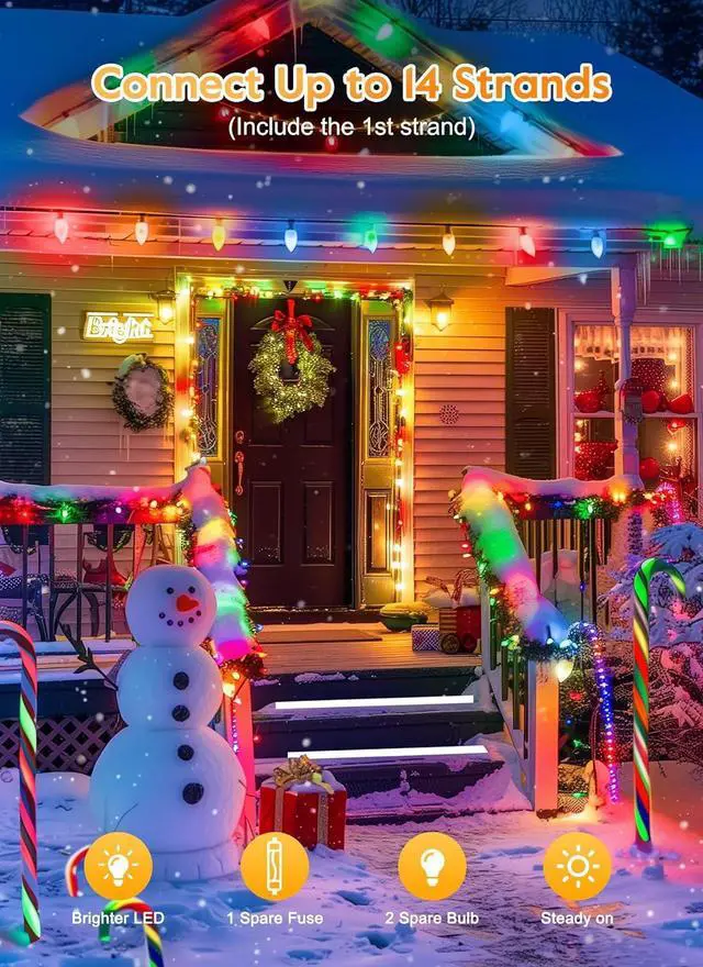 Alt view image 5 of 7 - C9 LED Christmas Lights Outdoor, 100 Feet C9 String Lights with 50 Shatterproof C9 Bulbs, Waterproof Connectable Christmas Tree Lights for Outside Roofline Patio Xmas Decorations, Multicolor