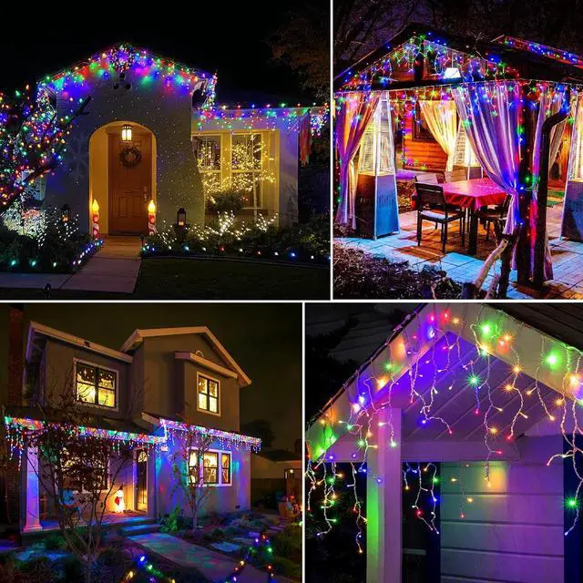 Alt view image 4 of 7 - Christmas Icicle Lights Outdoor - 99ft 1216 LED 8 Modes Curtain Fairy String Lights with Timer Memory, Plug in Waterproof for Home Decoration Holiday Wedding Eaves Yard Party Indoor (Multicolor)