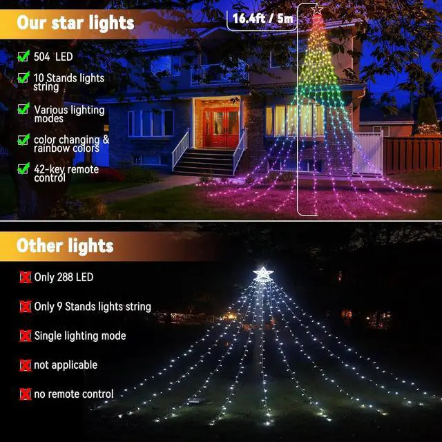 Alt view image 3 of 6 - Christmas Lights Outdoor with Remote -16.7Ft 504 LED Waterfall Tree Decoration Lights RGB Star String Lights for Tree Yard Exterior Wall Housetop Window Holiday Decor