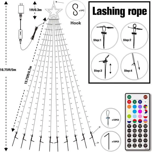 Alt view image 5 of 6 - Christmas Lights Outdoor with Remote -16.7Ft 504 LED Waterfall Tree Decoration Lights RGB Star String Lights for Tree Yard Exterior Wall Housetop Window Holiday Decor