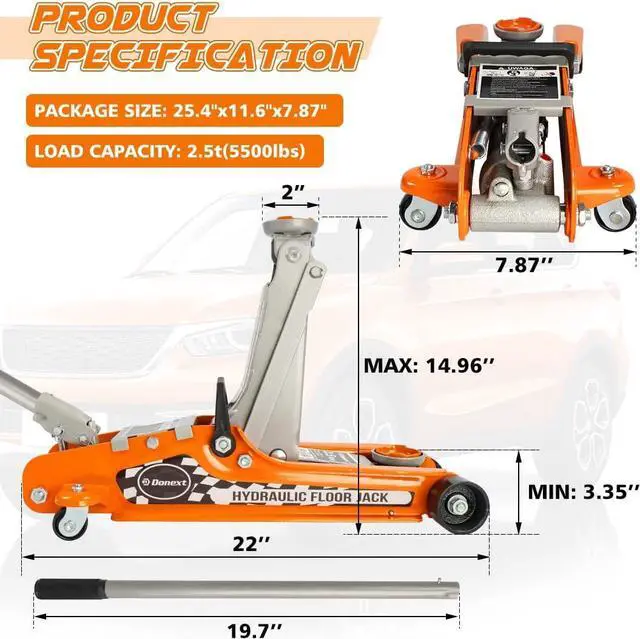 Alt view image 3 of 7 - 2.5 Ton Steel Floor Jack, Low Profile Hydraulic Racing Floor Jack, Heavy-Duty Racing Floor Jack with Single Piston Lift Pump, Lifting Range 3-3/8" - 14-15/16"