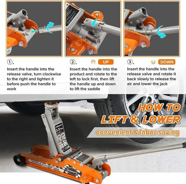 Alt view image 5 of 7 - 2.5 Ton Steel Floor Jack, Low Profile Hydraulic Racing Floor Jack, Heavy-Duty Racing Floor Jack with Single Piston Lift Pump, Lifting Range 3-3/8" - 14-15/16"
