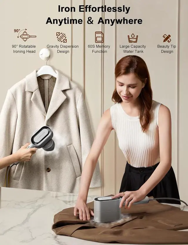 Alt view image 7 of 7 - Steamer for Clothes,2-in-1 Clothes Steamer & Iron for Wrinkles Remover,NTC Precision Ironing Protects Clothes,14 Min of Continuous Steam,1000W Travel Steamer for Travel and Home Use,Grey