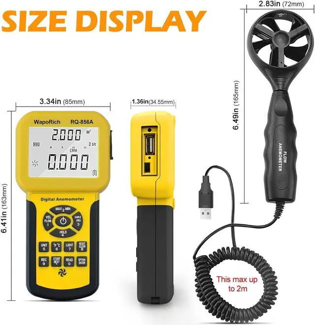 Alt view image 3 of 7 - 0.001~100MPH Pro HVAC Meter Measures Wind Speed, Wind Flow,CFM Air Flow VelocityWind Temperature with Backlight (Suitcase Included) RQ-856A