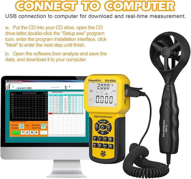Alt view image 4 of 7 - 0.001~100MPH Pro HVAC Meter Measures Wind Speed, Wind Flow,CFM Air Flow VelocityWind Temperature with Backlight (Suitcase Included) RQ-856A