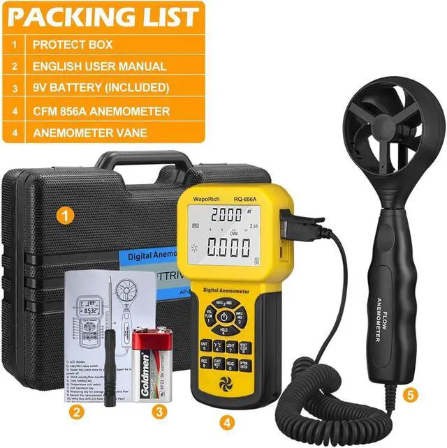 Alt view image 7 of 7 - 0.001~100MPH Pro HVAC Meter Measures Wind Speed, Wind Flow,CFM Air Flow VelocityWind Temperature with Backlight (Suitcase Included) RQ-856A