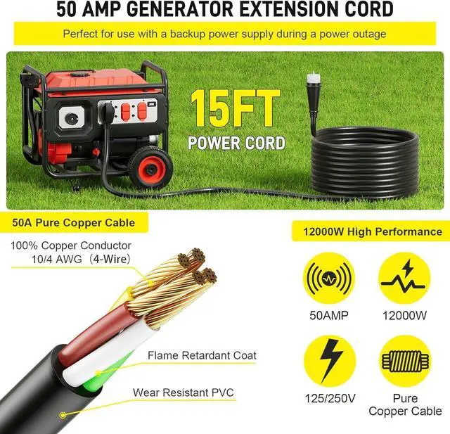 Alt view image 3 of 7 - 15Ft 50 Amp Heavy Duty Generator Extension Cord 125V 250V 12000W UL Listed Generator Power Cord N14-50P & SS2-50R Twist Lock Connectors