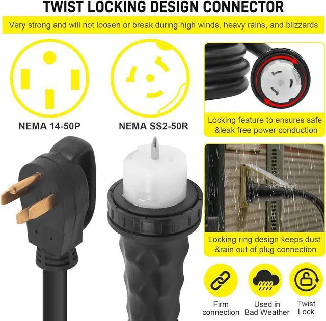 Alt view image 4 of 7 - 15Ft 50 Amp Heavy Duty Generator Extension Cord 125V 250V 12000W UL Listed Generator Power Cord N14-50P & SS2-50R Twist Lock Connectors