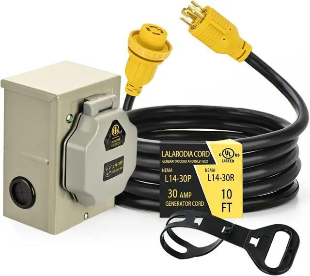 Main image of 30 Amp 4 Prong 10FT Generator Extension Cord and Inlet Box with Locking Connector, Heavy Duty NEMA L14-30P/L14-30R, 125/250V 7500W 10 Gauge Generator to House Power Cord(10FT