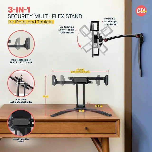 Alt view image 2 of 6 - Stand and Wall Mount  CTA Security 2-in-1 Multi-Flex Tablet Stand & Wall Mount with Locking Tablet Holder & 2 Mount Bases for iPad 10th Gen 10.9" - iPad 7/8/9 Gen 10.2" & More - Black (PAD-SKMSB)