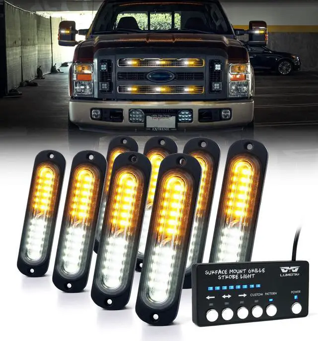 Main image of White Amber LED Surface Mount Strobe Flashing Lights Kit w/Controller 8PCS Grille Side Marker Emergency Warning Caution Light Assemblies for Construction Vehicles Trucks, Traffic| Sync Feature