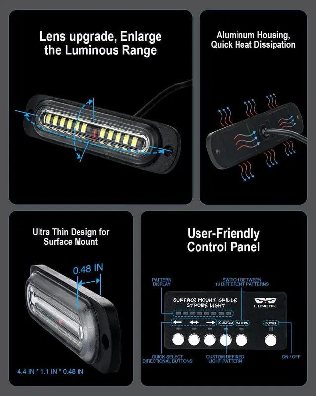 Alt view image 2 of 7 - White Amber LED Surface Mount Strobe Flashing Lights Kit w/Controller 8PCS Grille Side Marker Emergency Warning Caution Light Assemblies for Construction Vehicles Trucks, Traffic| Sync Feature