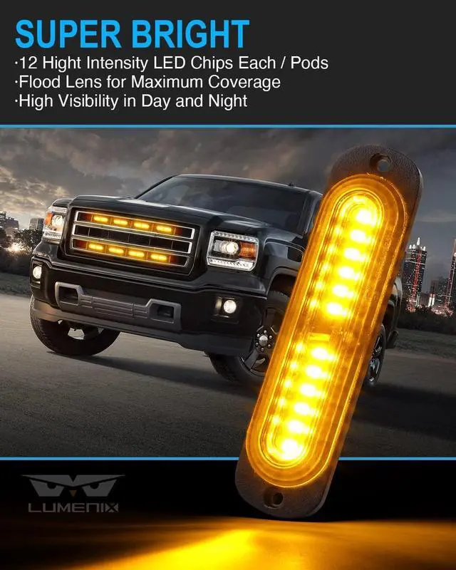 Alt view image 3 of 7 - White Amber LED Surface Mount Strobe Flashing Lights Kit w/Controller 8PCS Grille Side Marker Emergency Warning Caution Light Assemblies for Construction Vehicles Trucks, Traffic| Sync Feature