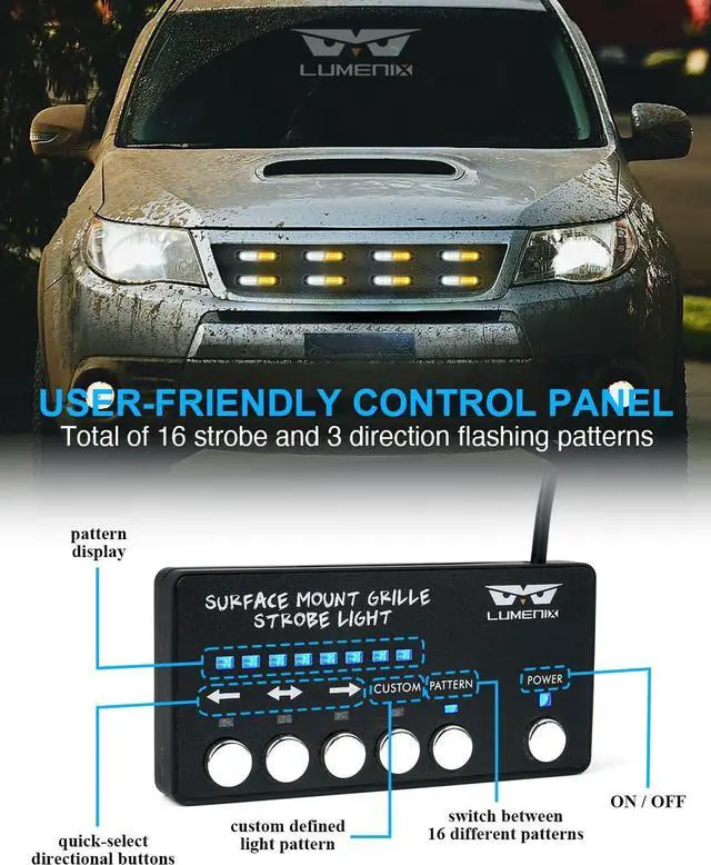 Alt view image 4 of 7 - White Amber LED Surface Mount Strobe Flashing Lights Kit w/Controller 8PCS Grille Side Marker Emergency Warning Caution Light Assemblies for Construction Vehicles Trucks, Traffic| Sync Feature