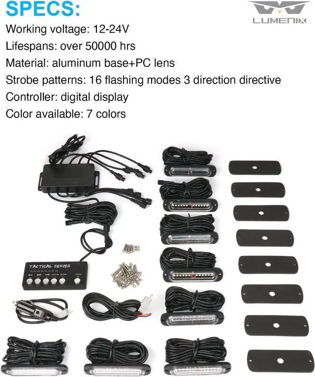 Alt view image 7 of 7 - White Amber LED Surface Mount Strobe Flashing Lights Kit w/Controller 8PCS Grille Side Marker Emergency Warning Caution Light Assemblies for Construction Vehicles Trucks, Traffic| Sync Feature