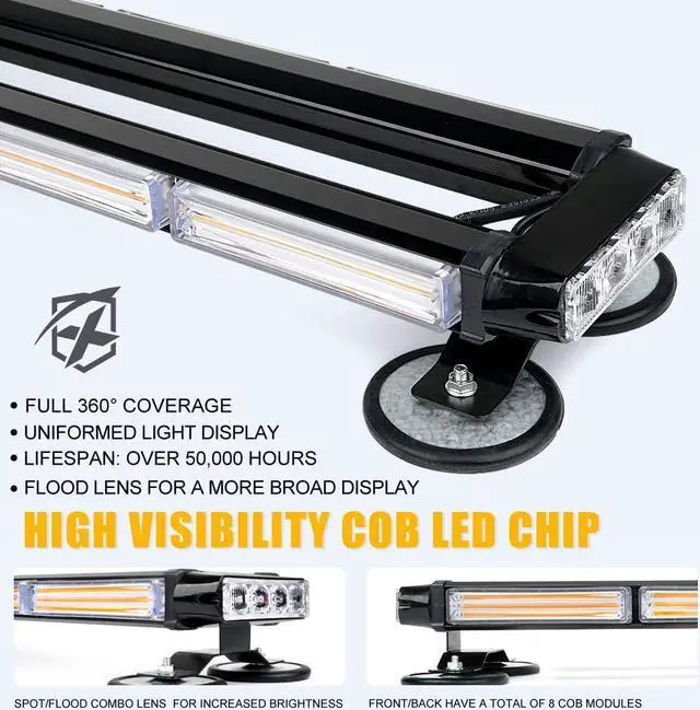 Alt view image 2 of 7 - Amber COB LED Rooftop Strobe Flashing Light Bar Double Side 26" High Visibility Emergency Hazard Warning Beacon Lights w/Magnetic Base for Safety Vehicles Tow Trucks Pickup Cars Snowplow