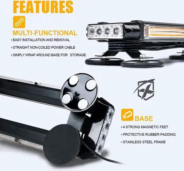 Alt view image 6 of 7 - Amber COB LED Rooftop Strobe Flashing Light Bar Double Side 26" High Visibility Emergency Hazard Warning Beacon Lights w/Magnetic Base for Safety Vehicles Tow Trucks Pickup Cars Snowplow