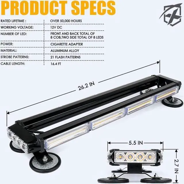 Alt view image 7 of 7 - Amber COB LED Rooftop Strobe Flashing Light Bar Double Side 26" High Visibility Emergency Hazard Warning Beacon Lights w/Magnetic Base for Safety Vehicles Tow Trucks Pickup Cars Snowplow