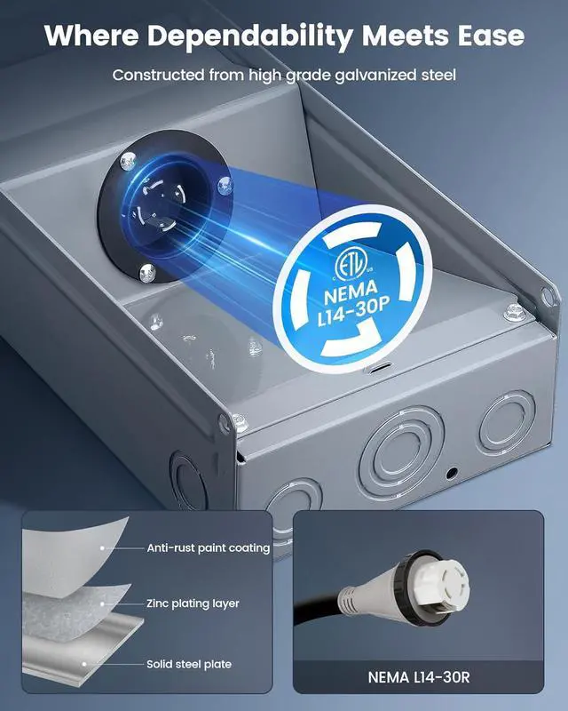 Alt view image 2 of 7 - 30 Amp Generator Inlet Box, NEMA L14-30P Power Inlet Box for 4-Prong Generator Cord, 125/250V, 7500W, Weatherproof Outdoor Generator Receptacle, Ready for Emergency Use