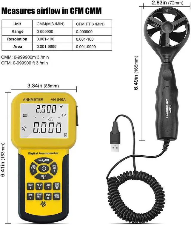 Alt view image 2 of 7 - Precise CFM Meter Handheld HVAC Anemometer - Air Flow Tester Measure 0.001~100mph Wind Speed/Air Velocity Airflow Volume, Professional CFM Gauge AI-846A with Anemometro Case