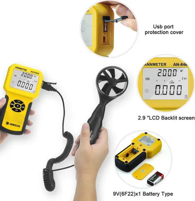 Alt view image 5 of 7 - Precise CFM Meter Handheld HVAC Anemometer - Air Flow Tester Measure 0.001~100mph Wind Speed/Air Velocity Airflow Volume, Professional CFM Gauge AI-846A with Anemometro Case