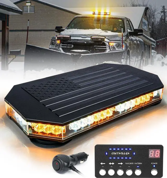 Main image of Rooftop Strobe Beacon Lights Bar w/Controller, American Flag Pattern White Amber LED Emergency Warning Traffic Flashing Light for Construction Vehicles Work Trucks Snowplow (Patented Design)
