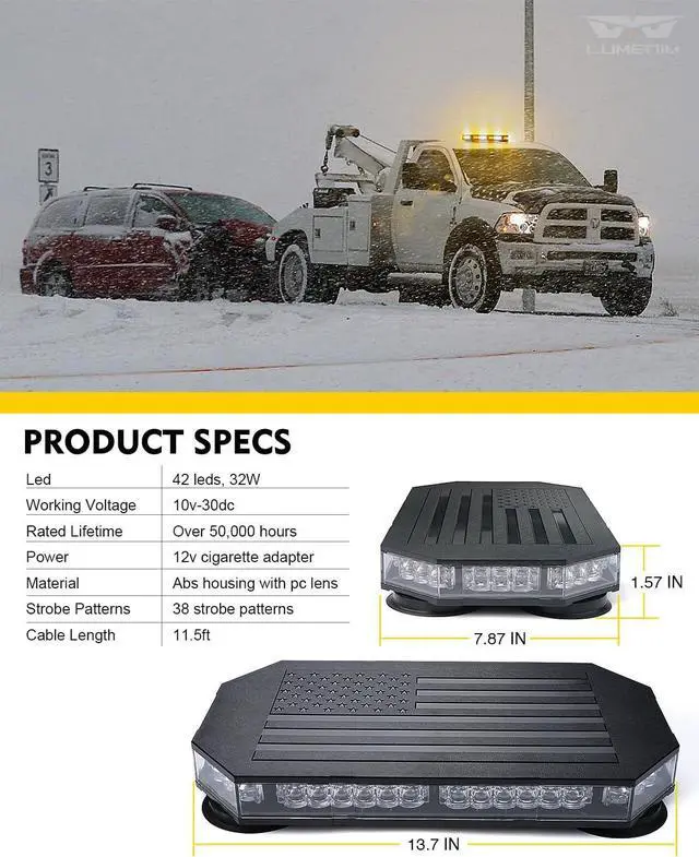 Alt view image 7 of 7 - Rooftop Strobe Beacon Lights Bar w/Controller, American Flag Pattern White Amber LED Emergency Warning Traffic Flashing Light for Construction Vehicles Work Trucks Snowplow (Patented Design)