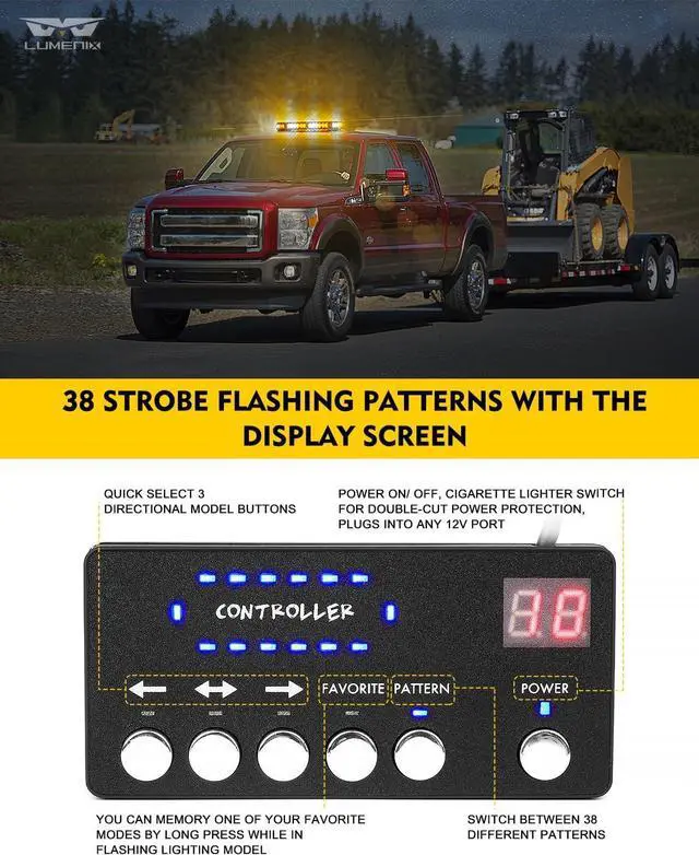 Alt view image 4 of 7 - Rooftop Strobe Beacon Lights Bar w/Controller, American Flag Pattern White Amber LED Emergency Warning Traffic Flashing Light for Construction Vehicles Work Trucks Snowplow (Patented Design)