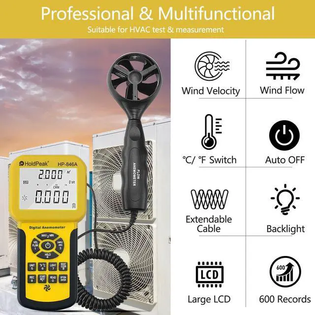 Alt view image 2 of 7 - Anemometer Handheld, CFM Airflow Wind Speed Meter 100MPH, Air Flow Velocity Meter Tester Gauge with Temperature, MAX/MIN/AVG, Backlight, Memory Functions, HP-846A