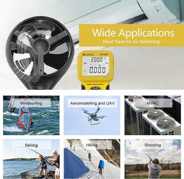Alt view image 6 of 7 - Anemometer Handheld, CFM Airflow Wind Speed Meter 100MPH, Air Flow Velocity Meter Tester Gauge with Temperature, MAX/MIN/AVG, Backlight, Memory Functions, HP-846A