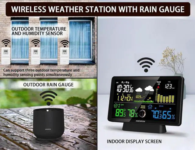 Alt view image 2 of 7 - Weather Station with Rain Gauge, Home Weather Stations Wireless Indoor Outdoor with Rain Gauge, Thermometer, Barometric Pressure, Humidity Monitor, Atomic Clock, Digital Weather Forecast and Alerts