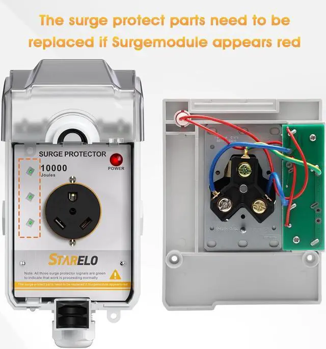 Alt view image 3 of 7 - 30Amp RV Power Outlet Box with Surge Protector Waterproof10000 Joules,with Surge Protection for RV Campers,UL Listed.(NEMA TT-30R Box)