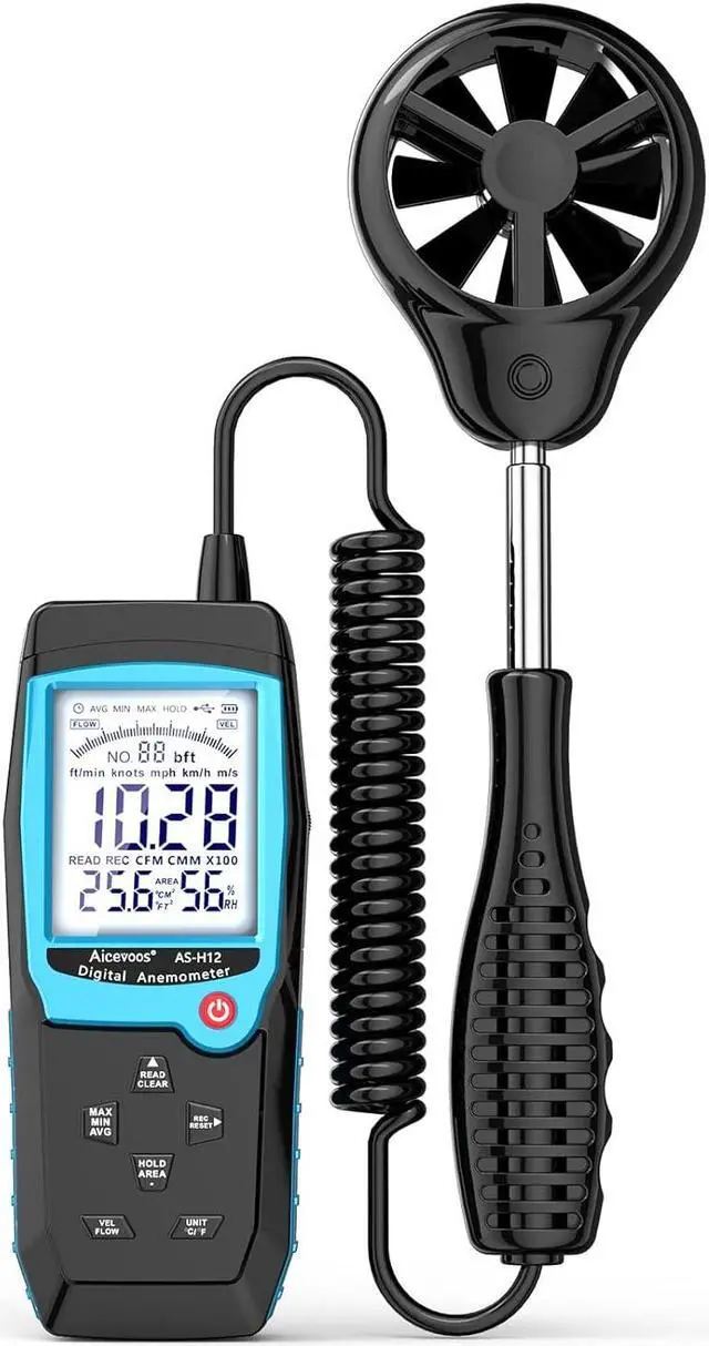 Main image of H12 Digital Anemometer Handheld Wind Speed Meter with Extended Wind Sensor, Measures Wind Speed Wind Flow Temperature and Humidity CFM Air Flow Velocity Meter with Big Backlit Screen