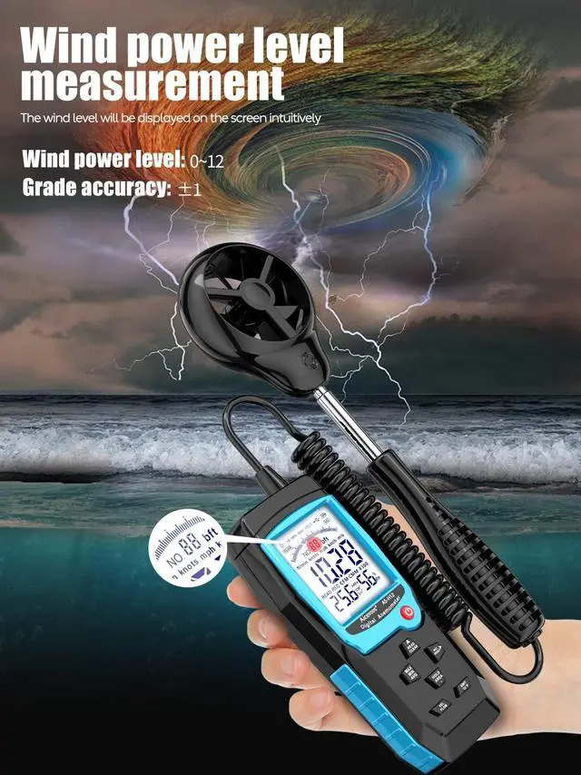 Alt view image 2 of 7 - H12 Digital Anemometer Handheld Wind Speed Meter with Extended Wind Sensor, Measures Wind Speed Wind Flow Temperature and Humidity CFM Air Flow Velocity Meter with Big Backlit Screen